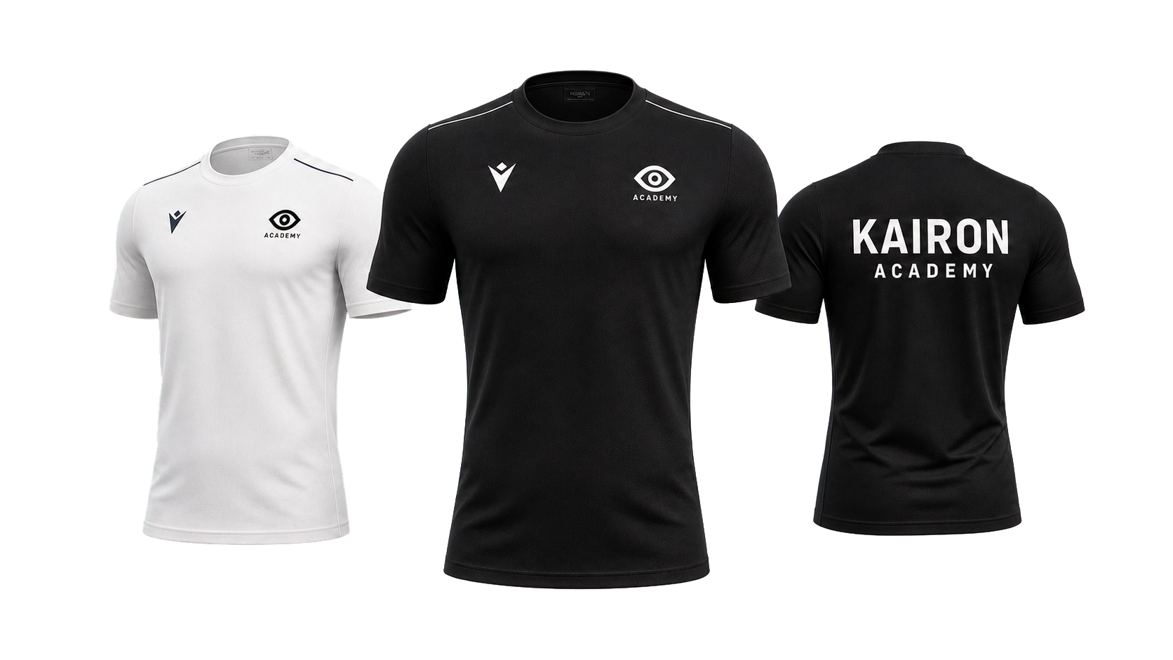 Professional three-dimensional mockups of the black and white Kairon Academy training shirts, shown from the front and back.