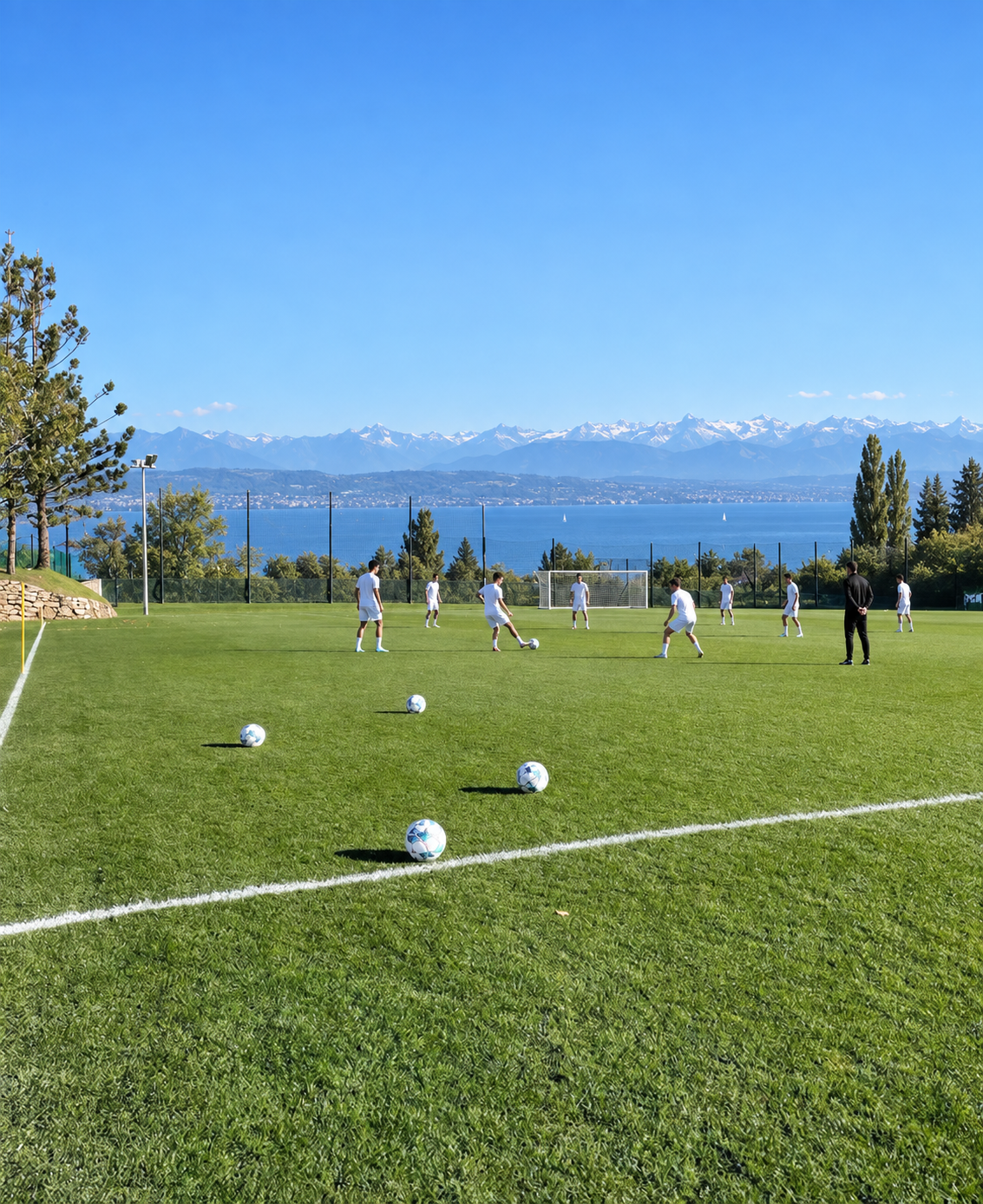 Editorial concept for KAIRON Academy: players training in white kit