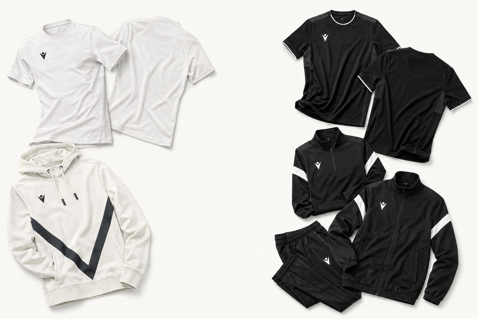 Macron garments: white and black shirts front and back, white hoodie, training top and tracksuit